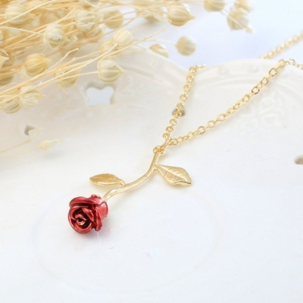"Beauty & the Beast" Red Rose Dainty Cute Necklace - Picture 3 of 10